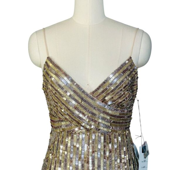 Mac Duggal 10817 Sequin Spaghetti Strap Gold Formal Gown | Size 2 - Picture 5 of 12